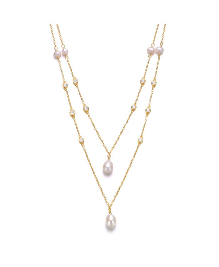Genevive Sterling Silver 14K Gold Plated Freshwater Pearl Layered Necklace