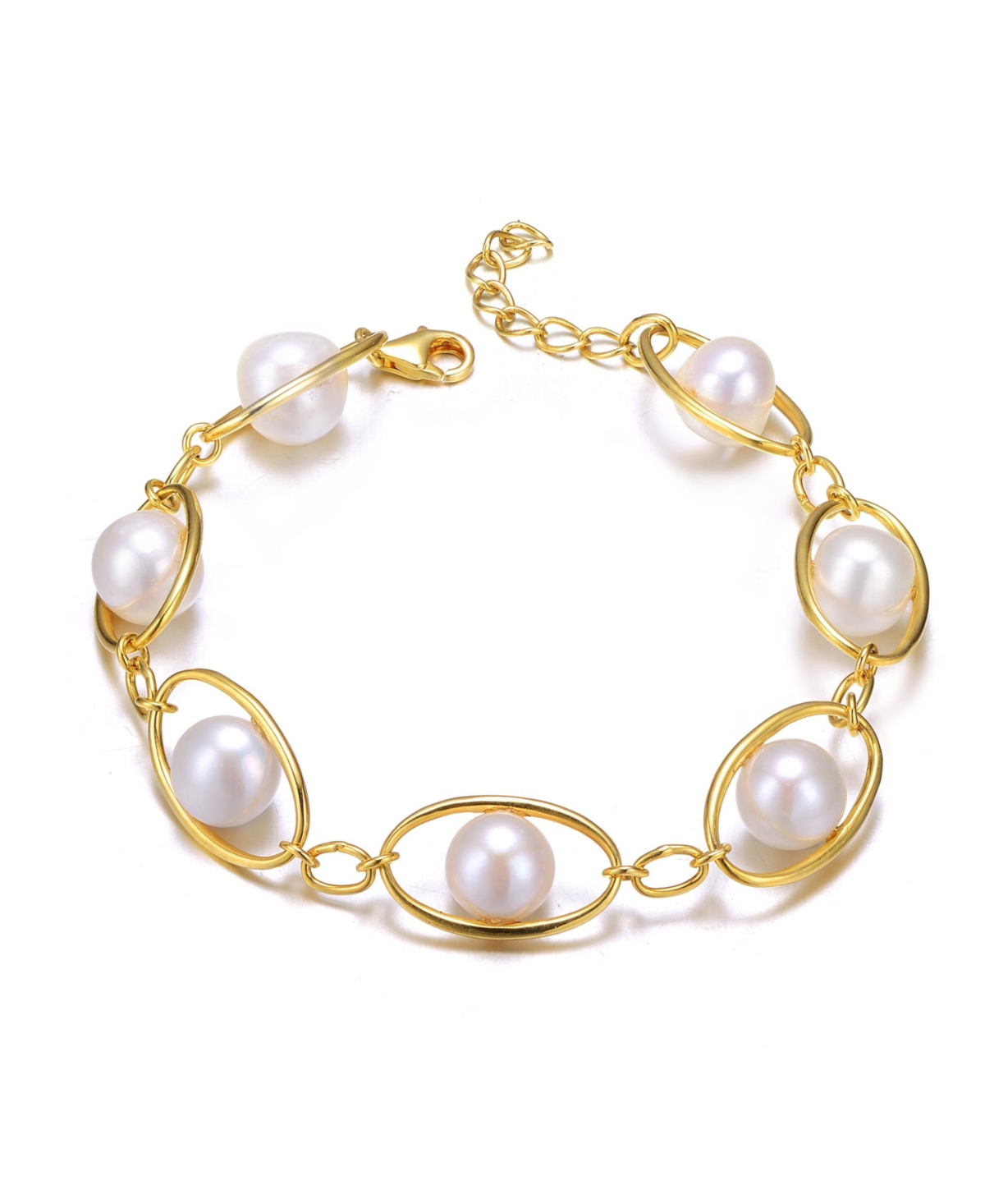 Sterling Silver 14K Gold Plated Genuine Freshwater Pearl and Cubic Zirconia Link Oval Spring Adjustable Bracelet - Gold