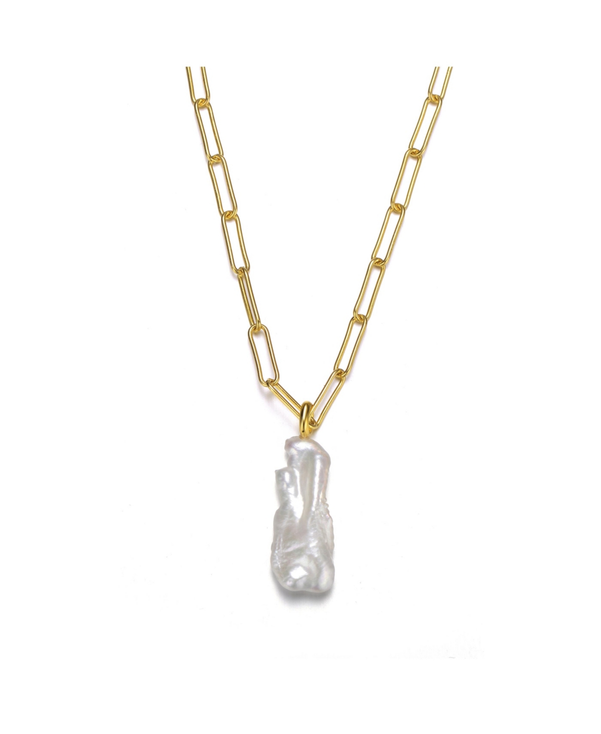 14k Yellow Gold Plated with Free-Form Baroque Genuine Freshwater White Pearl Pendant Cable Layering Necklace in Sterling SIlver - Gold