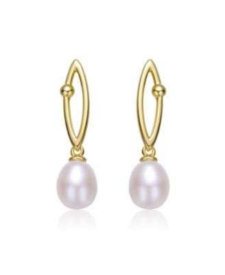 Sterling Silver 14k Yellow Gold Plated with Freshwater Pearl & Cubic Zirconia Oblong Marquise Drop Earrings