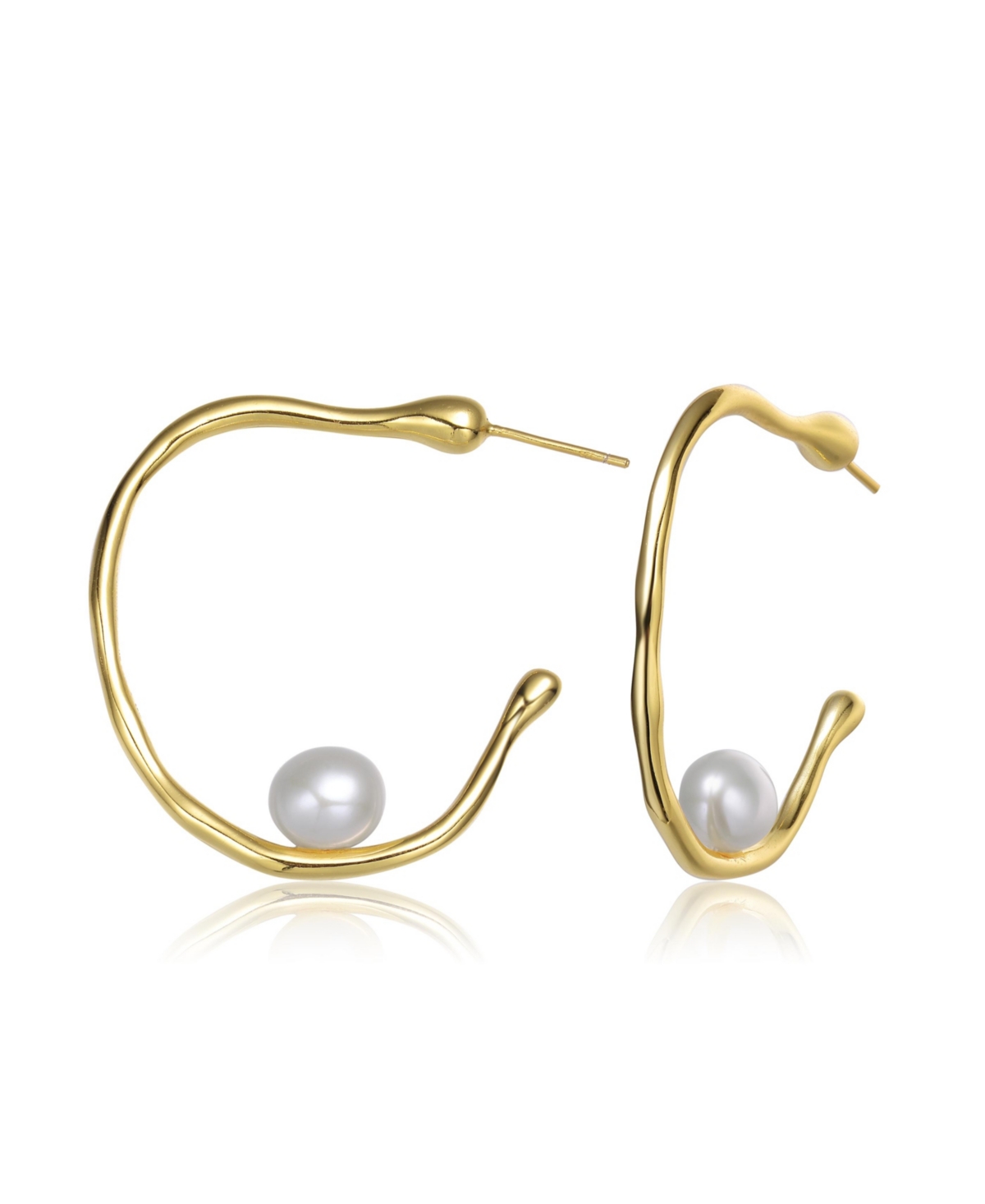 Sterling Silver 14K Gold Plated with Genuine Freshwater Pearl Hoop Earrings - Gold