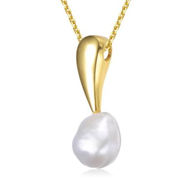 Sterling Silver 14K Gold Plated with Genuine Freshwater Pearl Drop Pendant Necklace