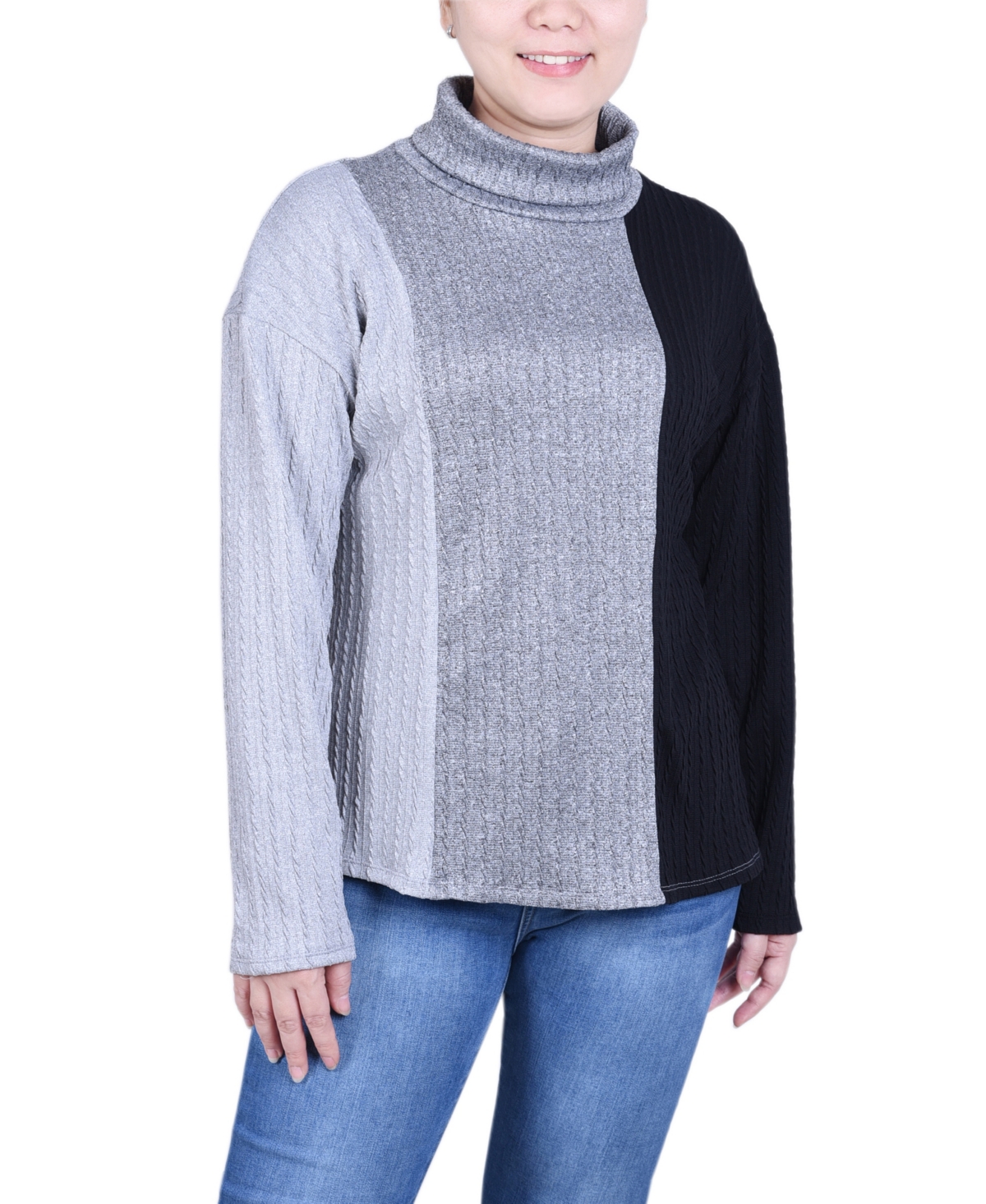 Ny Collection Women's Long Sleeve Colorblocked Top In Black Charcoal Ivory