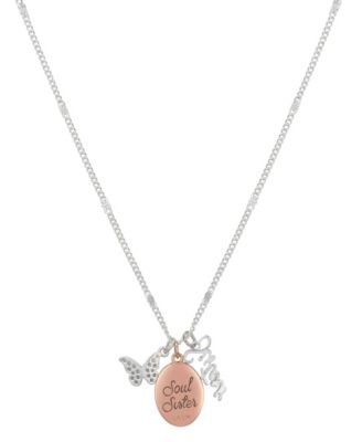 14K Rose Gold Plated Heart and Butterfly, Cubic Zirconia Butterfly and Silver Plated Sister Pendant Necklace