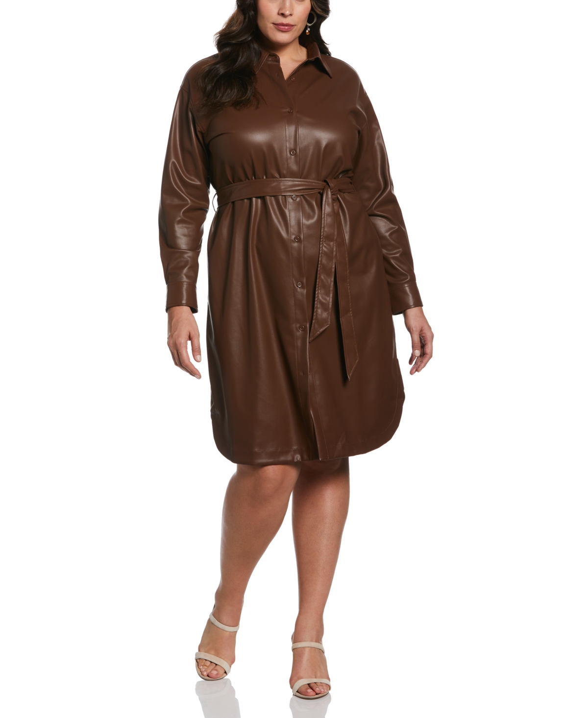 Plus Size Faux Leather Long Sleeve Shirtdress - Rocky Road