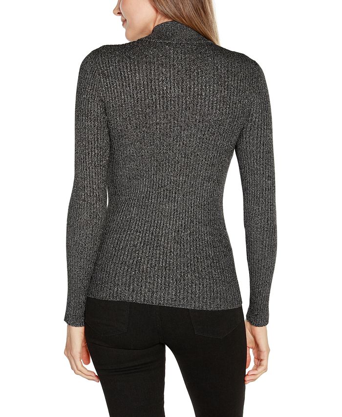 Belldini Black Label Women's Lurex Mock Neck Ribbed Zip Up Sweater - Macy's