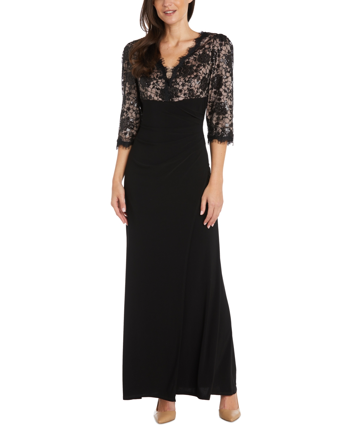 R & M Richards Petite Lace 3/4-sleeve Gown In Black,nude