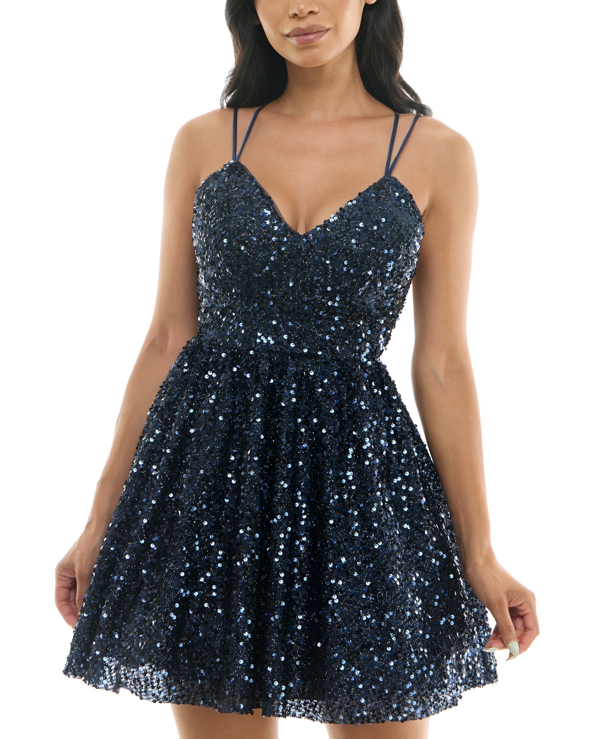 Pear Culture Juniors' Strappy Fit & Flare Sequin Dress In Navy