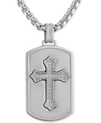 Macy's - Men's Diamond Cross Dog Tag 22" Pendant Necklace (1/10 ct. t.w.) in Stainless Steel