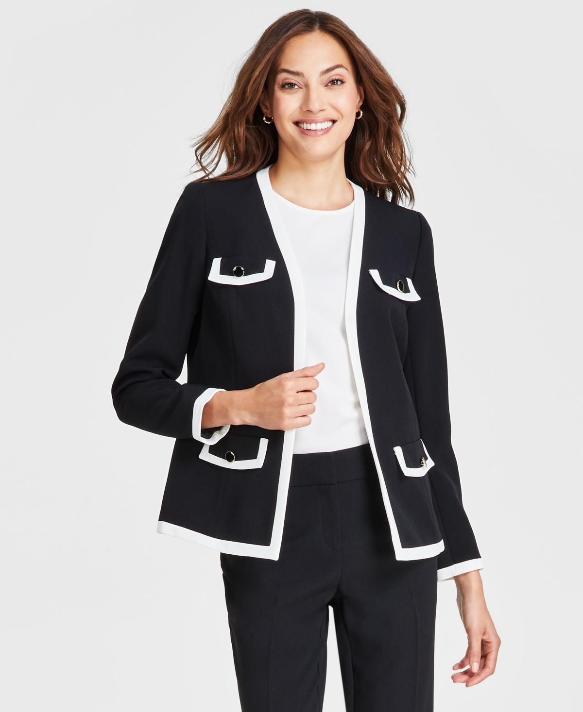 Women's Tipped Collarless Jacket - Black/White