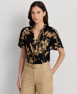 ラルフ・ローレン Lauren Ralph Lauren Petite Floral Linen-Blend Jersey Tie-Neck Top Lauren Ralph Lauren Women's Floral Linen-Blend Jersey Tie