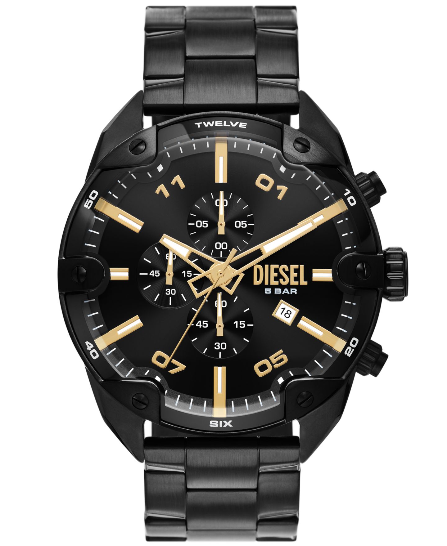 Мужские часы Diesel Spiked Chronograph Black Stainless Steel Watch 49mm — фото 1