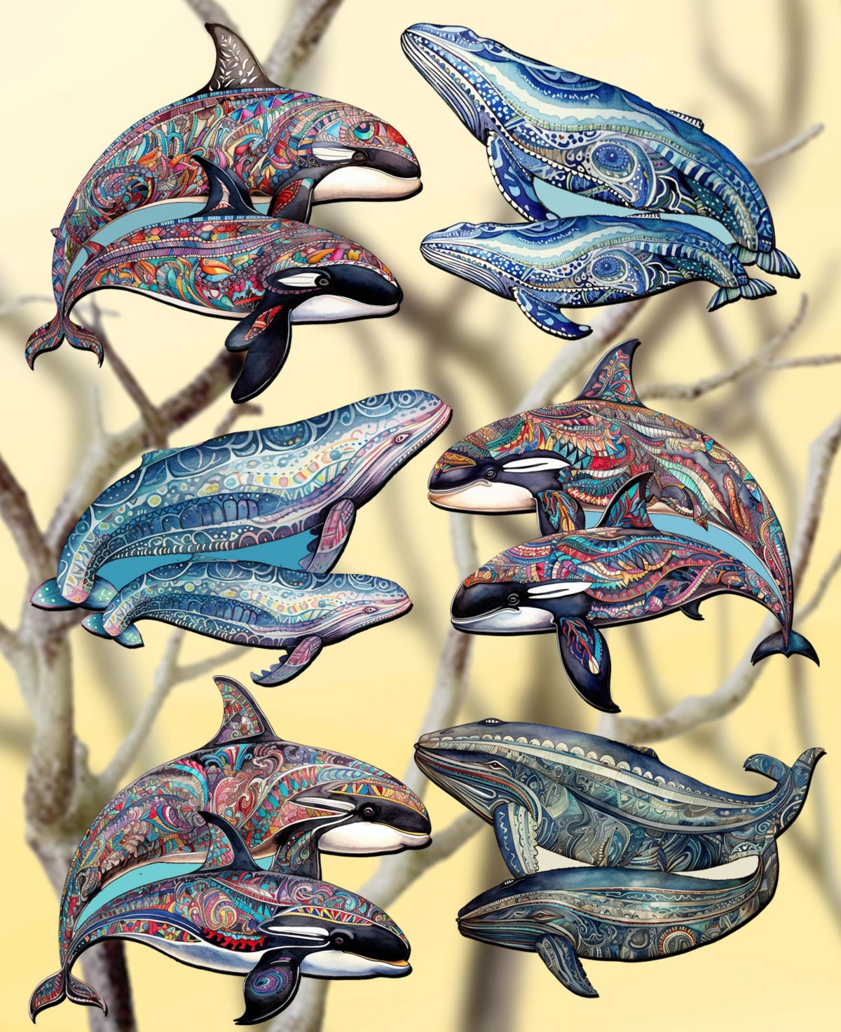Designocracy Holiday Wooden Clip-on Ornaments Embracing Whales Set Of 6 G. Debrekht In Multi Color