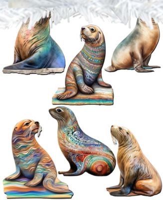 Holiday Wooden Clip-On Ornaments Coastal Sea Lions Set of 6 G. DeBrekht