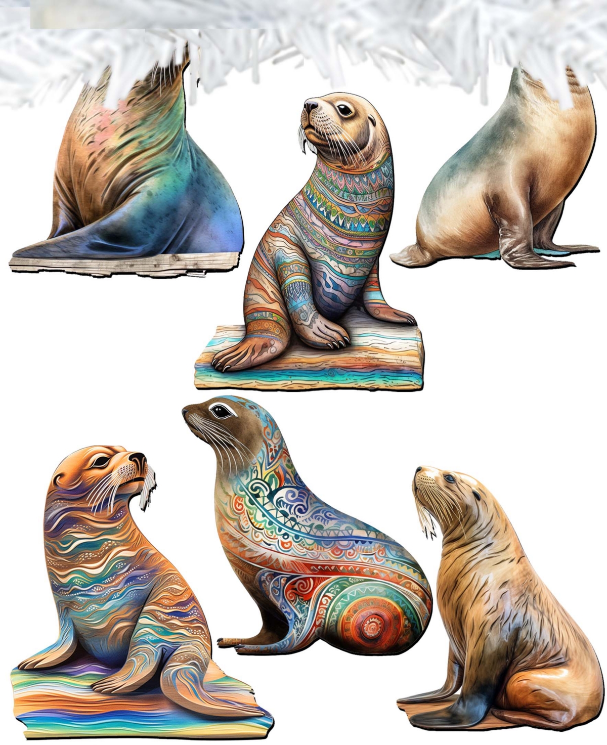 Designocracy Holiday Wooden Clip-on Ornaments Coastal Sea Lions Set Of 6 G. Debrekht In Multi Color
