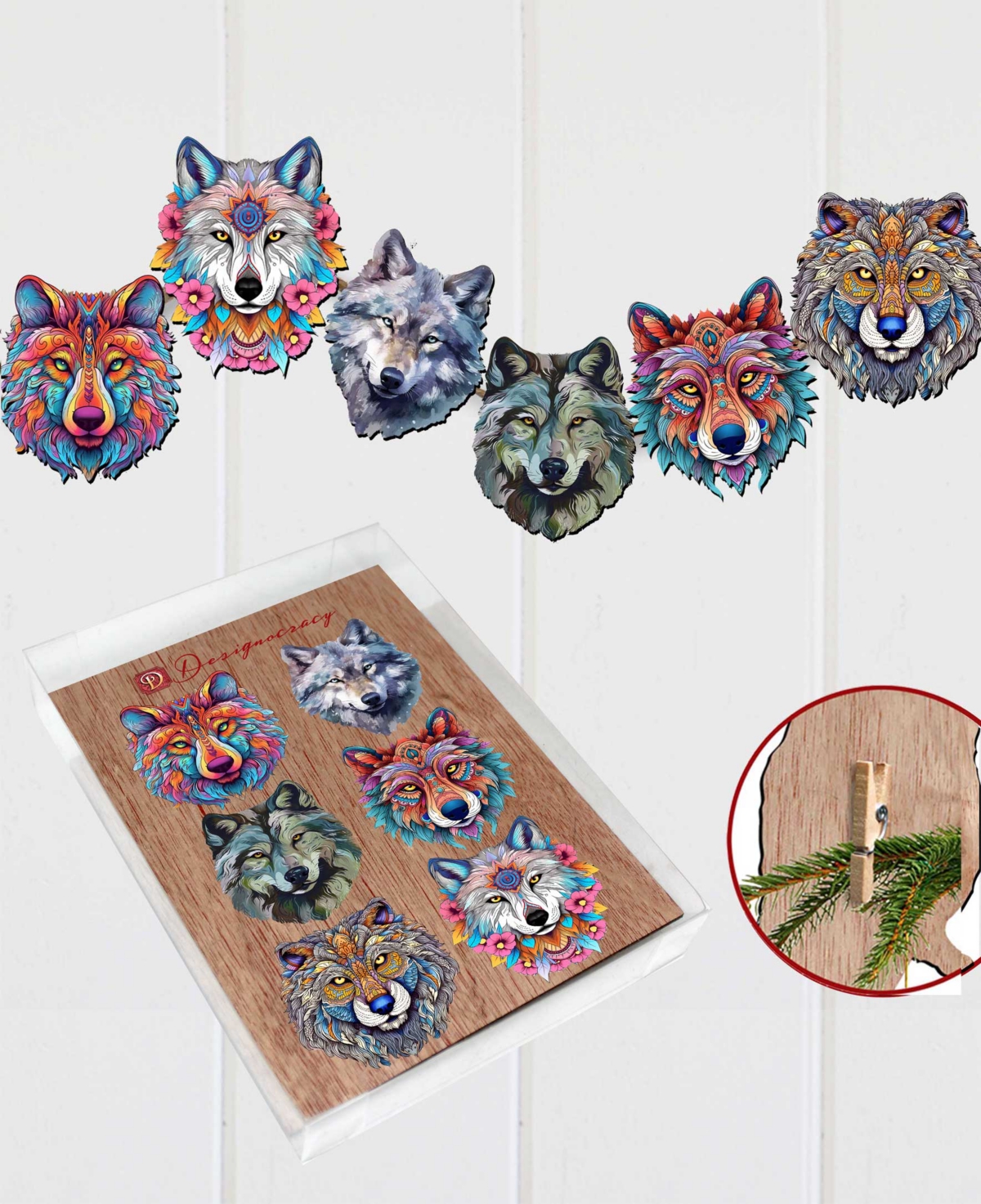 Designocracy Holiday Wooden Clip-on Ornaments Enigmatic Wolves Set Of 6 G. Debrekht In Multi Color