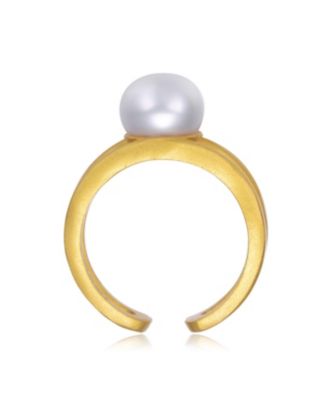 Sterling Silver 14K Gold Plated with Genuine Freshwater Pearl Solitaire Open Ring