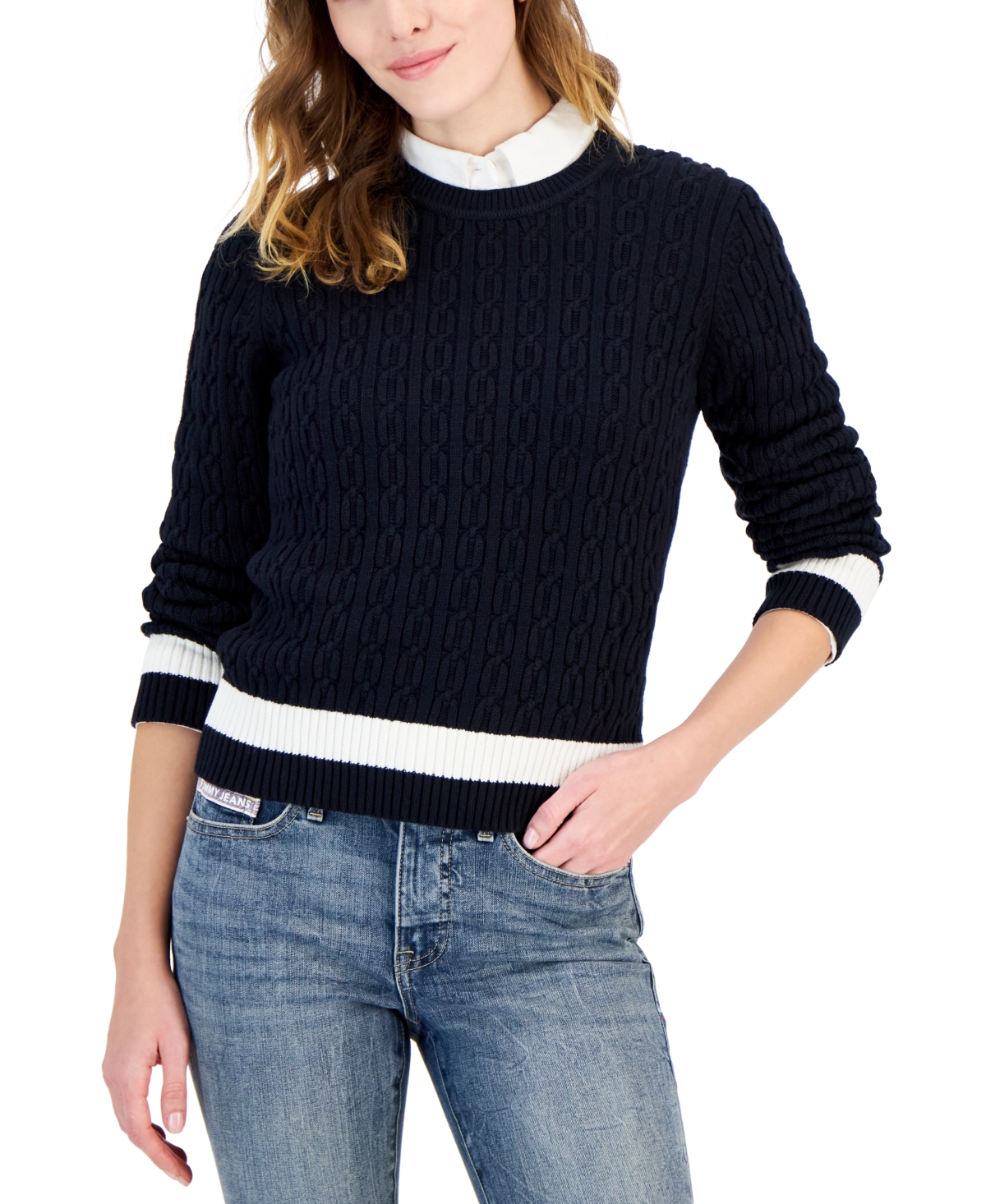 Tommy Hilfiger Women's Cotton Cable-knit Colorblocked Leila Sweater In Sky Captain