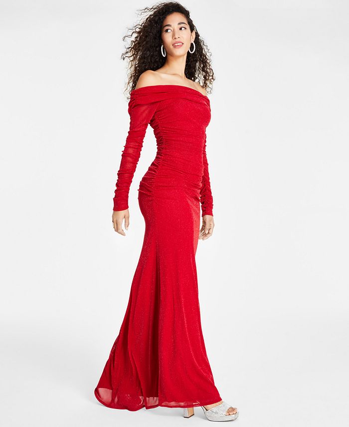 B Darlin Juniors' Metallic Shirred OffTheShoulder Gown Macy's