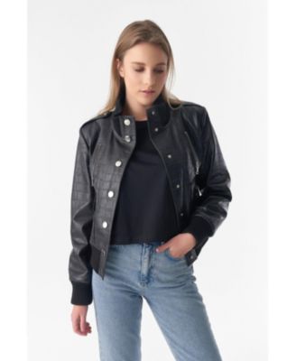 Women's Genuine Leather Bomber Jacket, Crocodile Emboss Black