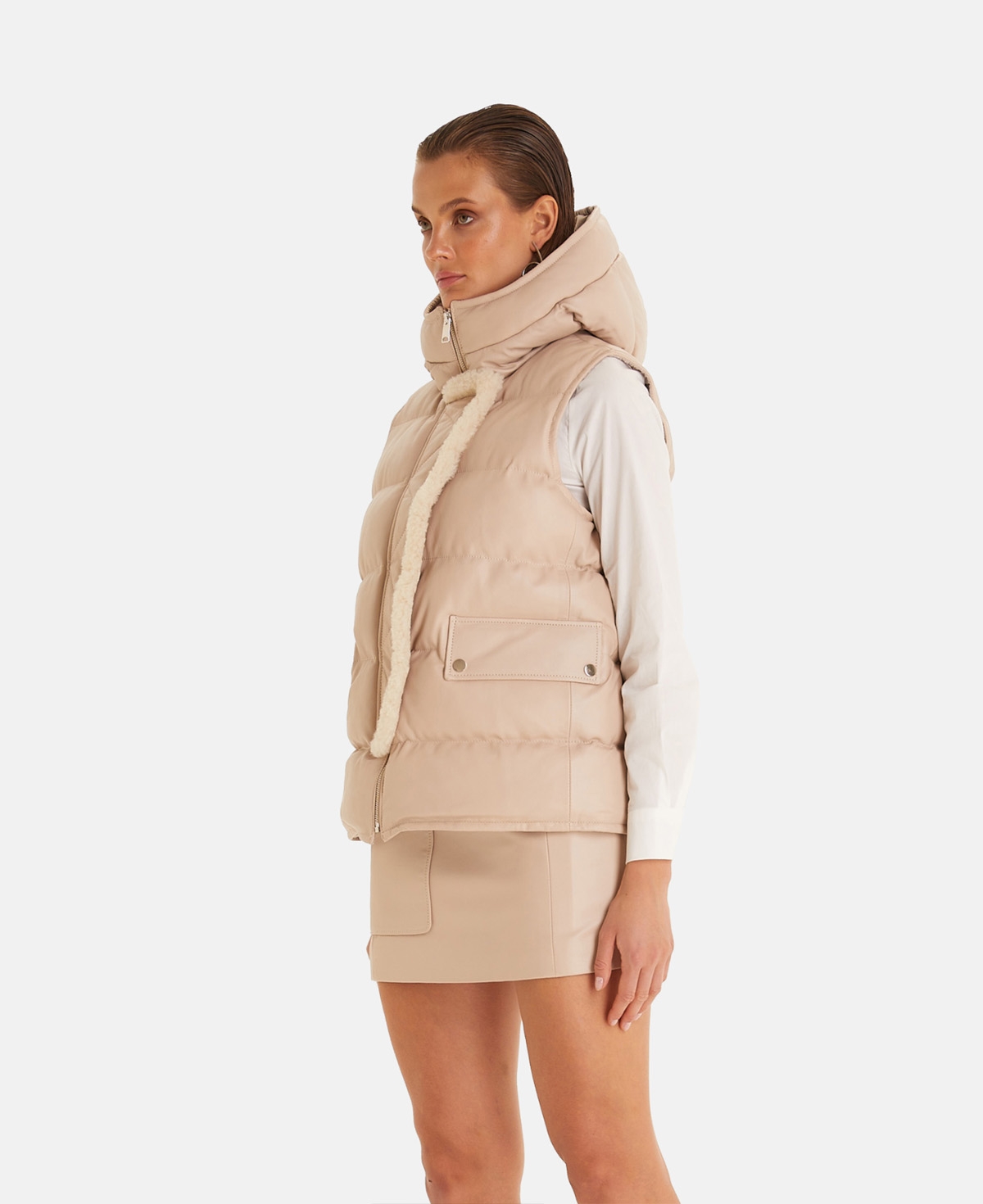 Furniq Uk Women's Leather Vest With Hood, Beige