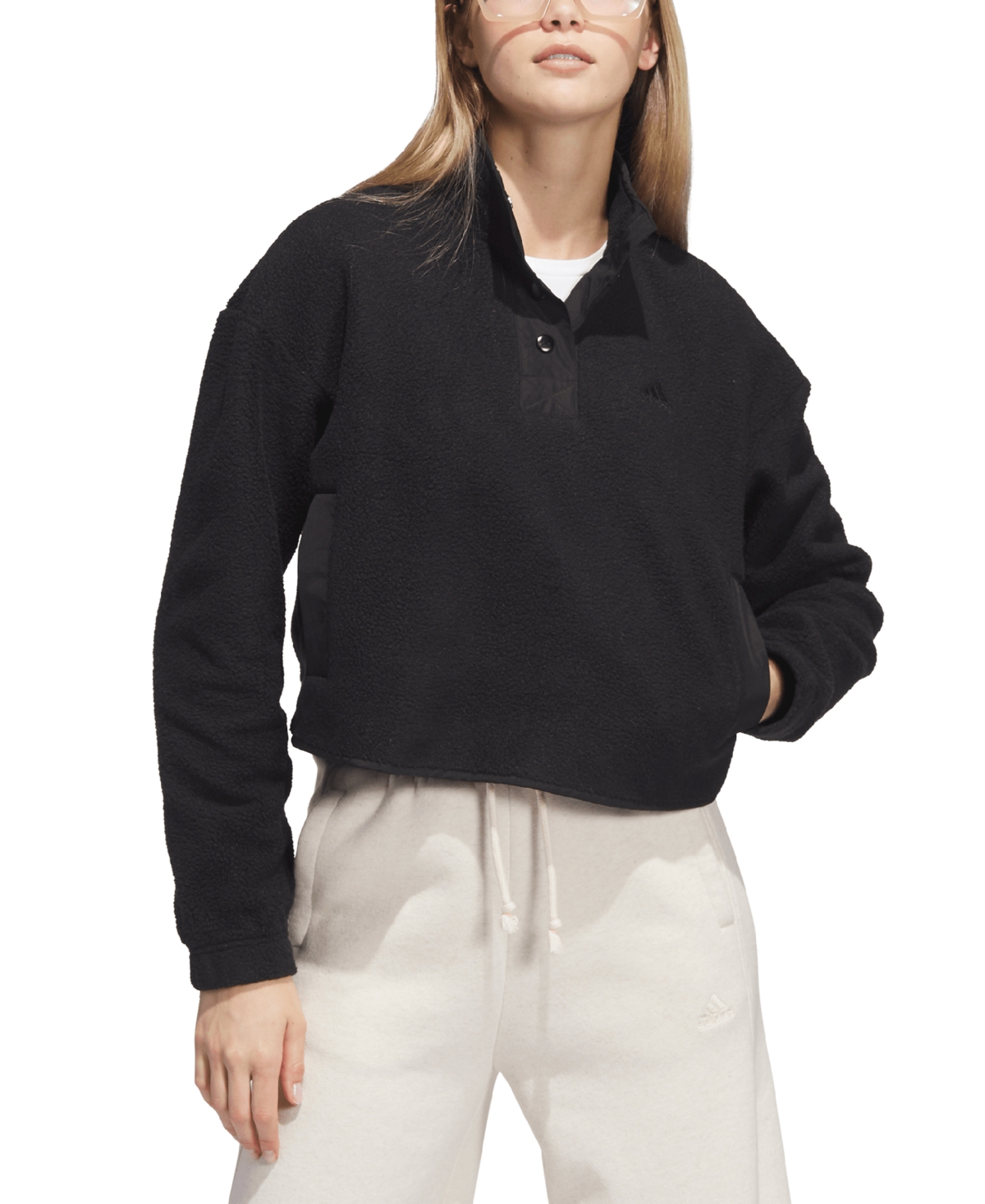 Adidas Originals Women's Quarter-snap Polar Fleece Pullover In Black