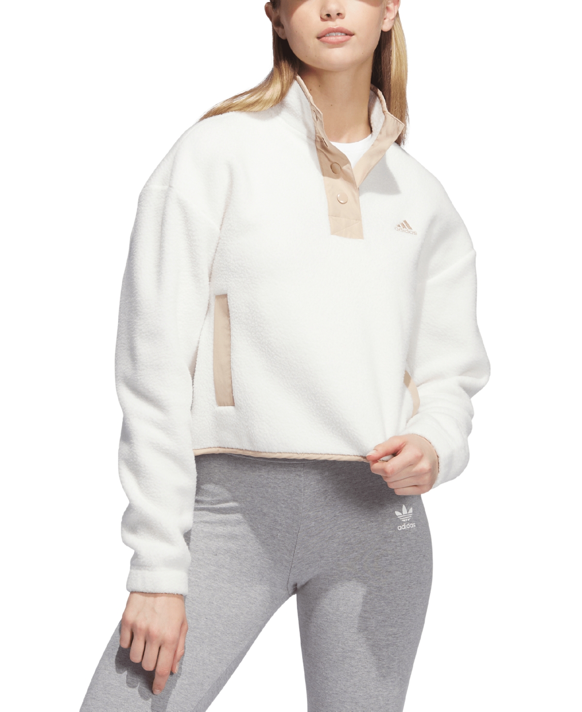 Adidas Originals Women's Quarter-snap Polar Fleece Pullover In Off White,magic Beige