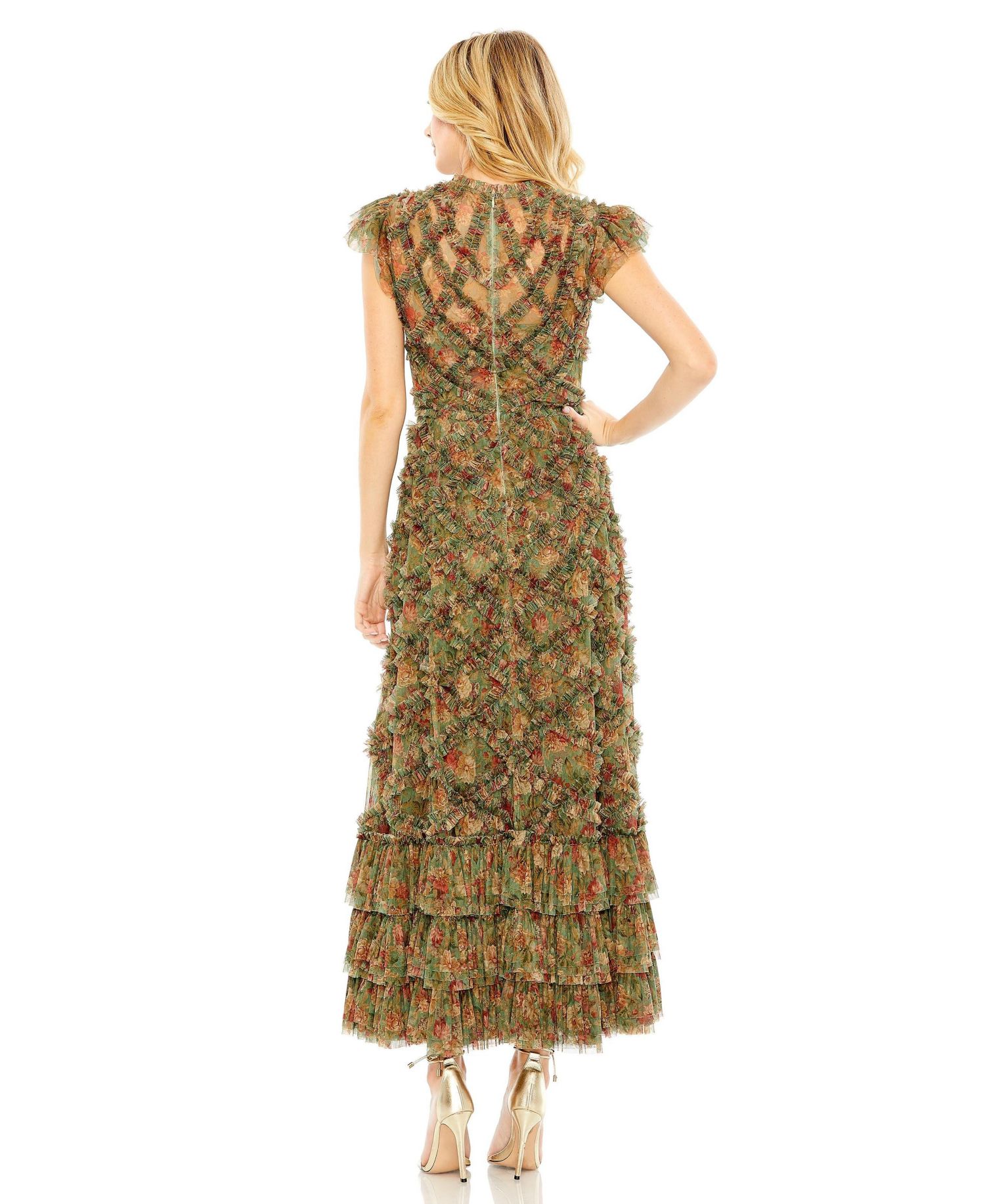 Women's High Neck Ruffle Cap Sleeve Floral Dress