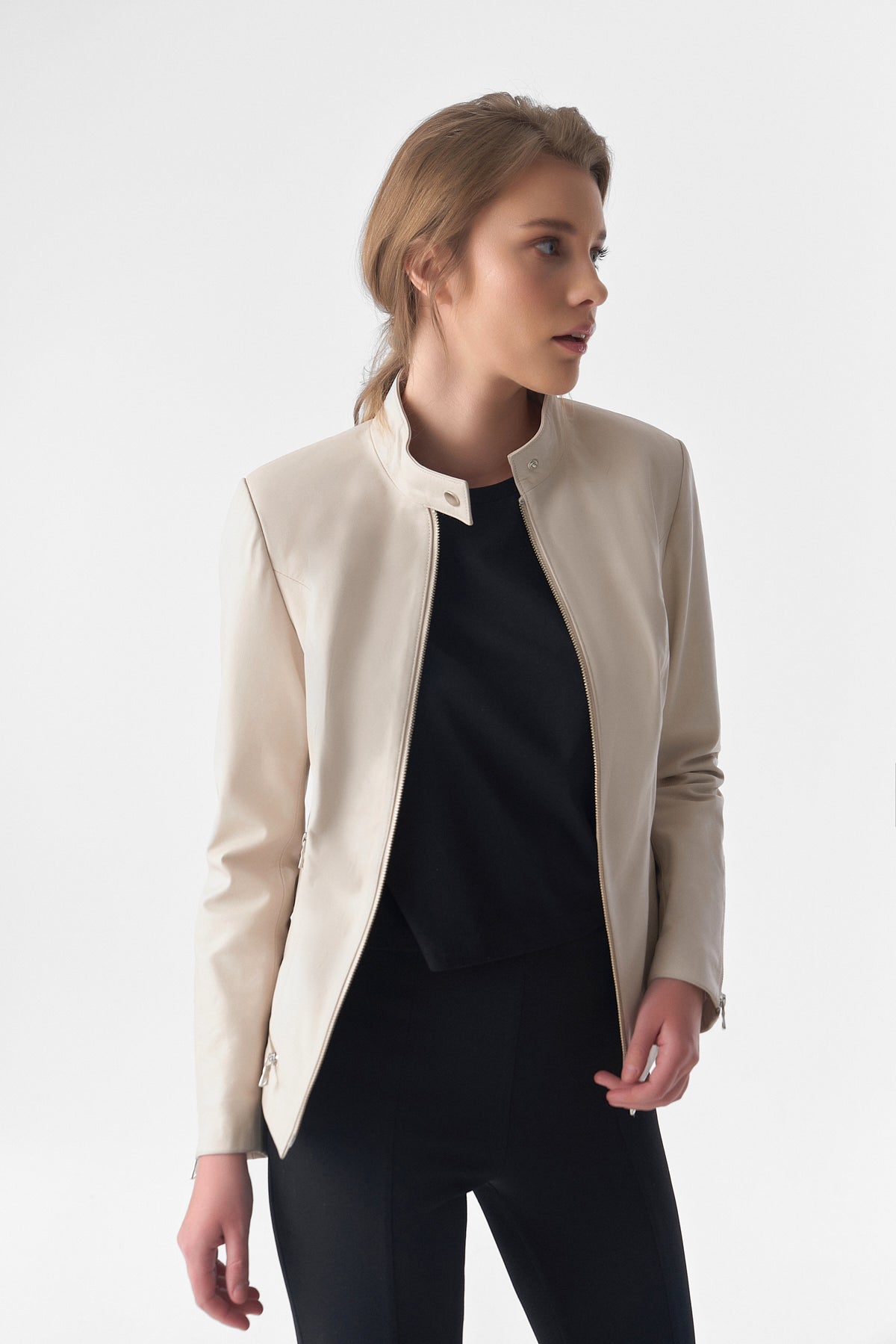 Furniq Uk Women's Zipper Hem Detail Leather Jacket,- Beige