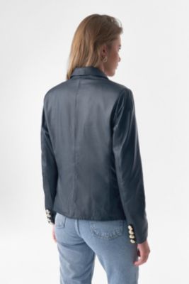 Women's Genuine Leather Blazer Jacket, Navy