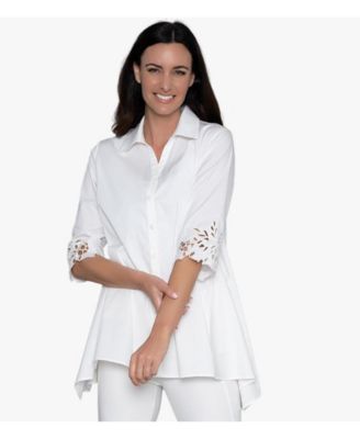 Women's Embroidered Sleeve Cotton Poplin A-Line Button-Front Shirt Top Poetry Tunic