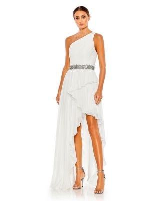 mac duggal lace up asymmetrical side slit embellished hem dress Women's Pleated One Shoulder Ruffle Gown HIGH-WAISTED Black A-Line Midi Dress Size:US 16 W providing both comfort and
