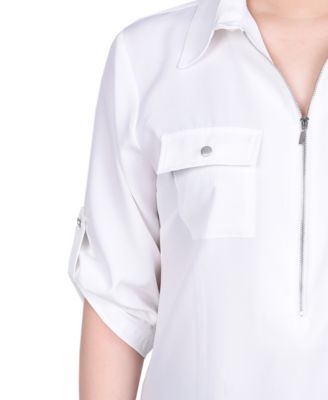 Petite 3/4 Roll Tab Sleeve Zip Front Blouse