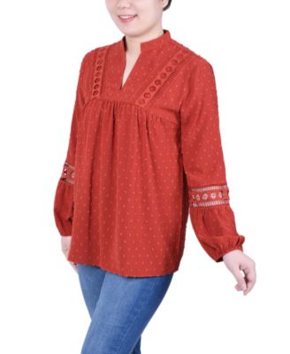 Petite Long Sleeve Blouse with Crochet Trim