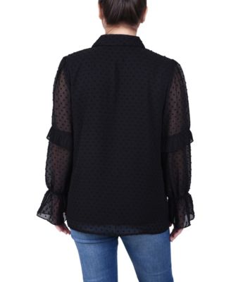 Petite Long Sleeve Dotted Chiffon Blouse