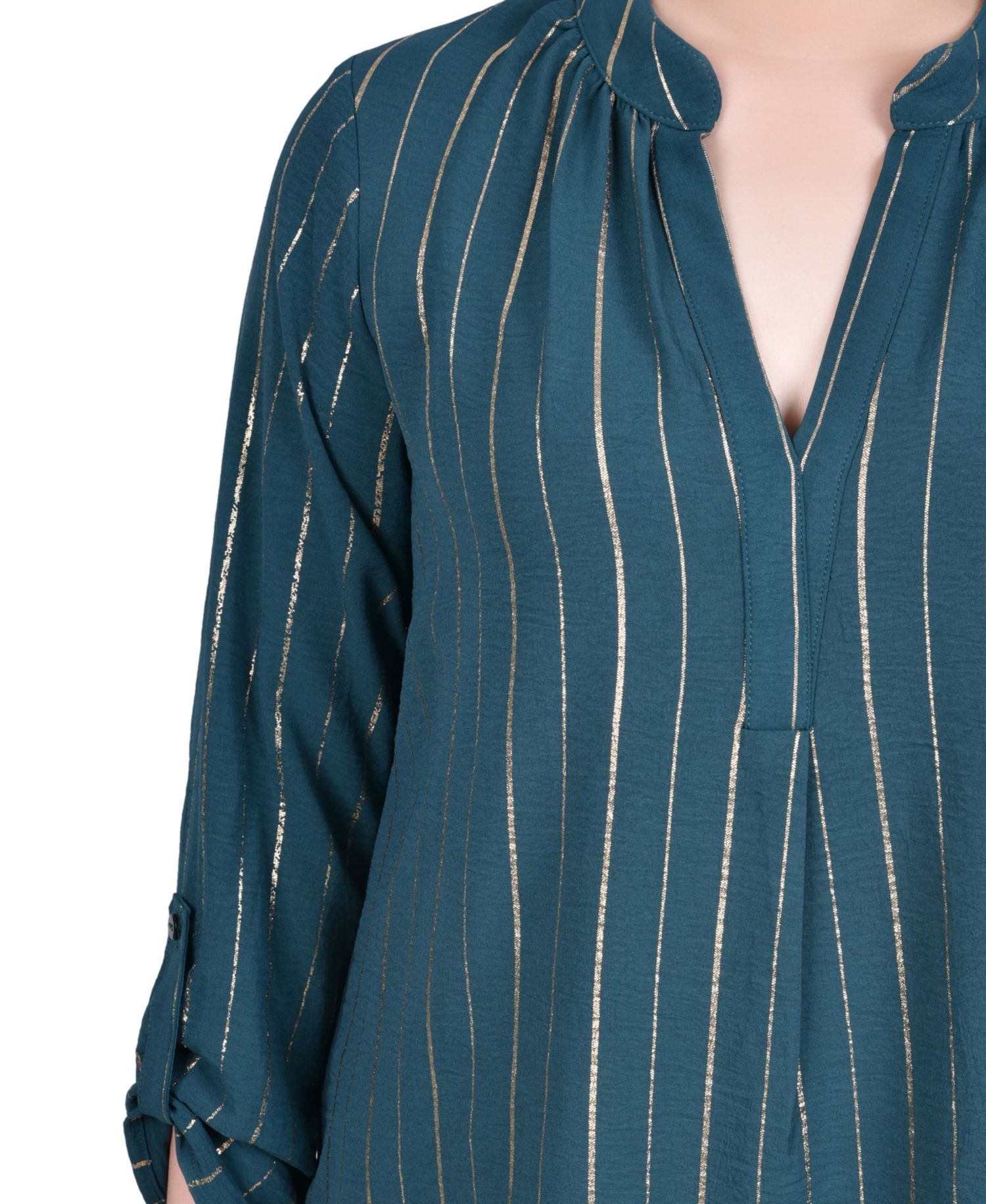 Petite Long Sleeve Foil Striped Blouse