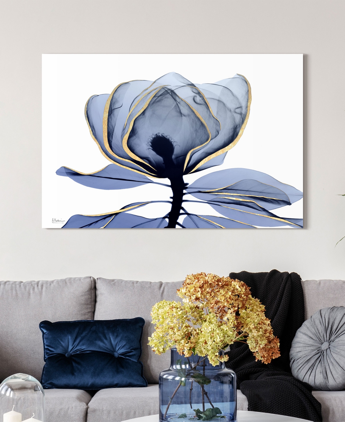 Empire Art Direct "golden-tone Midnight 1" Frameless Free Floating Tempered Glass Panel Graphic Wall Art, 32" X 48" X In Bleached Denim