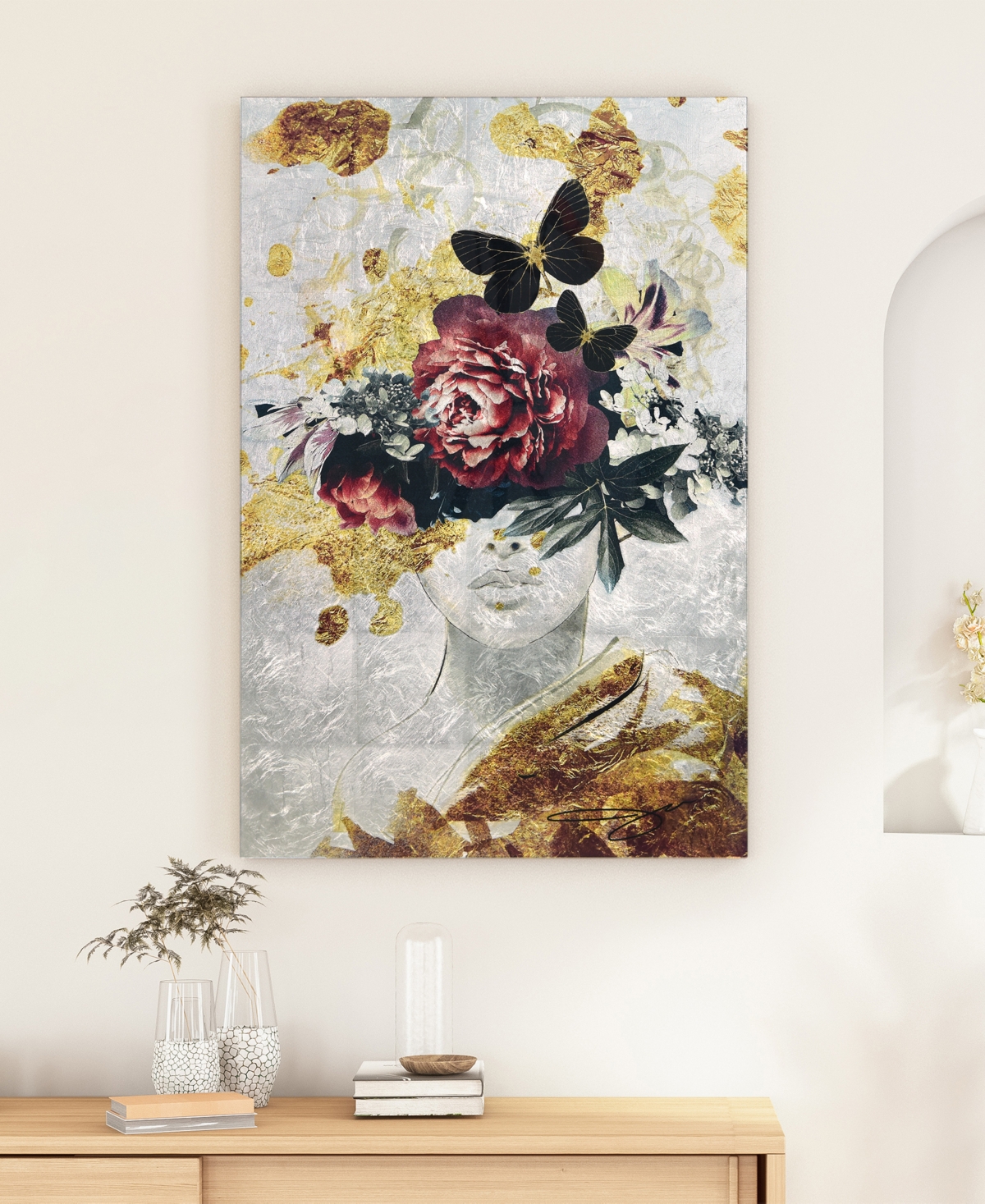 Empire Art Direct "gold-tone Elegance" Reverse Printed Tempered Glass With Silver-tone Leaf, 36" X 24" X 0.2" In Sliver,black,gold,red