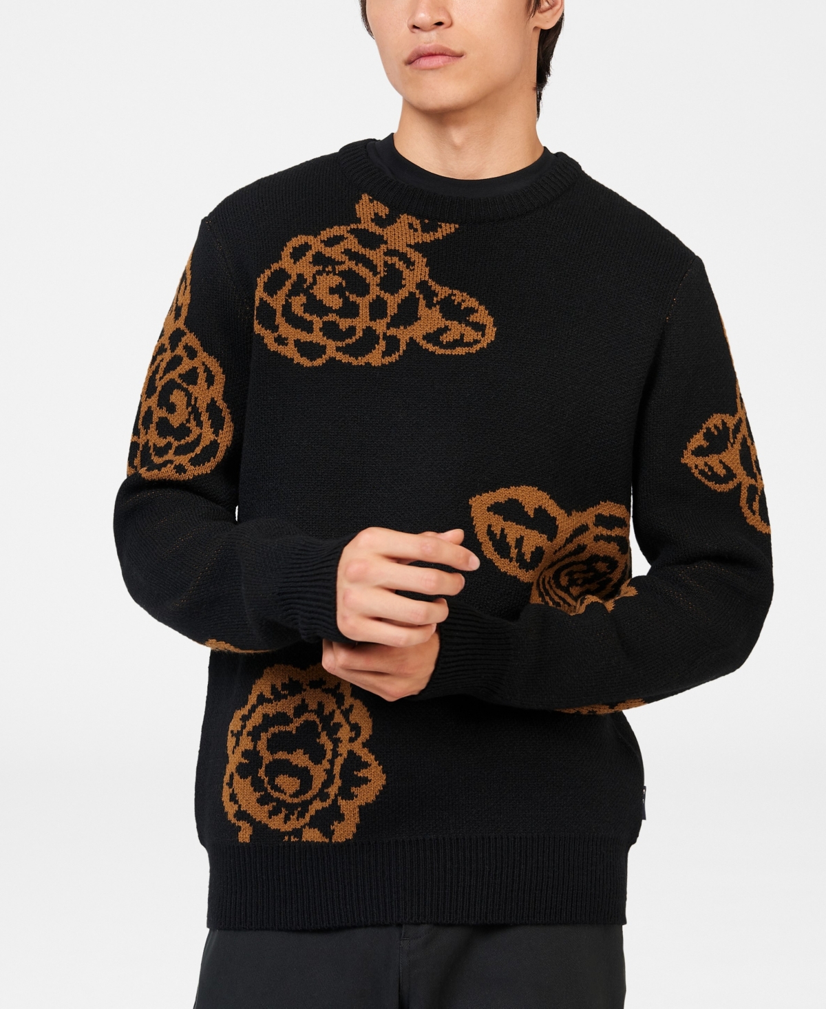 Men's Winter Floral Crew Sweater - Black