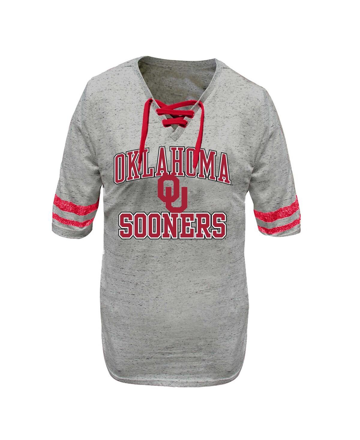 Women's Profile Heather Gray Distressed Oklahoma Sooners Plus Size Striped Lace-Up T-shirt - Heather Gray