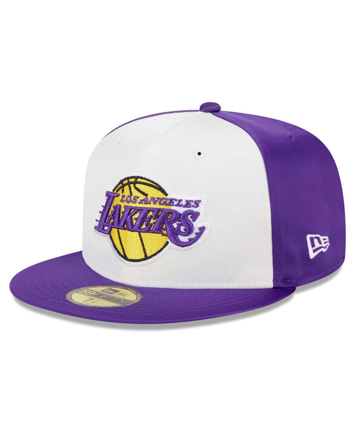 Shop New Era Men's  White Los Angeles Lakers Throwback Satin 59fifty Fitted Hat