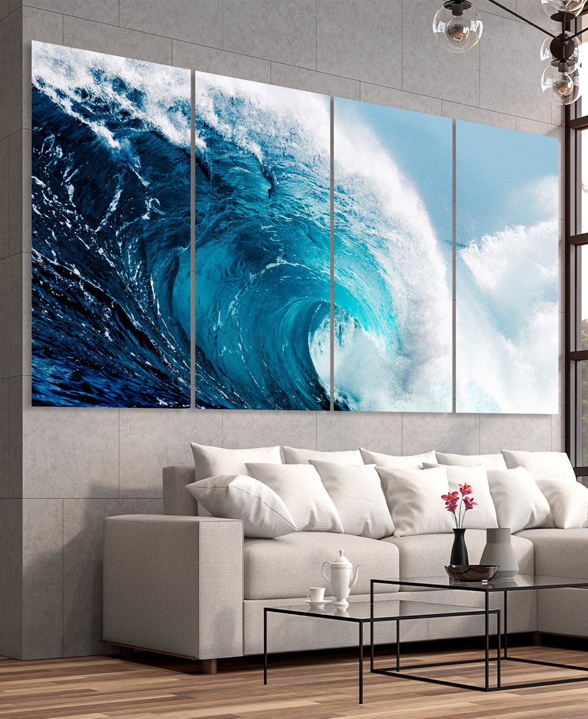 EMPIRE ART DIRECT BLUE WAVE ABCD FRAMELESS FREE FLOATING TEMPERED GLASS PANEL GRAPHIC WALL ART, 72" X 36" X 0.2" EACH 