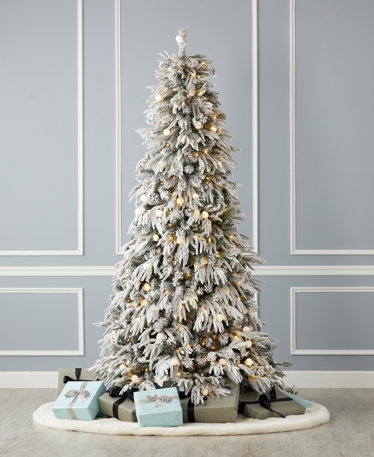 Seasonal Frosted Acadia 6.5' Pre-lit Flocked Pe Mixed Pvc Full Tree With Metal Stand, 2409 Tips, 300 Changing In White