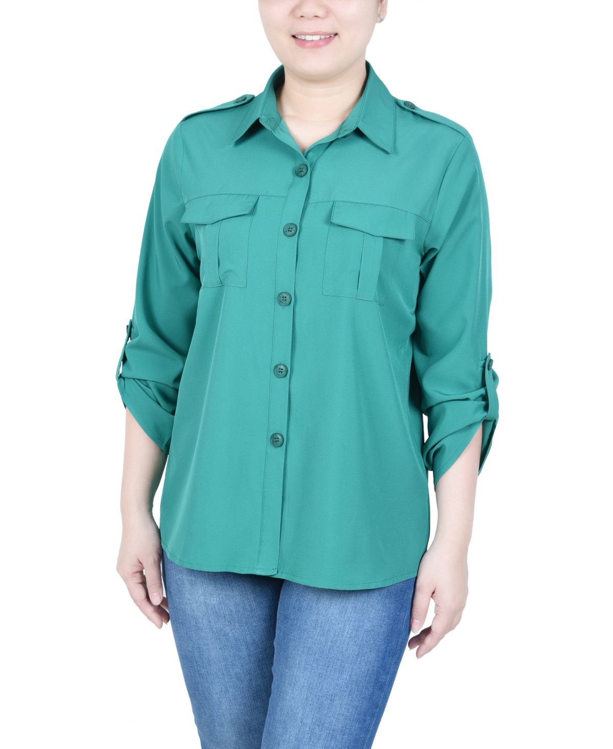 Shop Ny Collection Petite 3/4 Sleeve Roll Tab Utility Blouse In Jelly Bean