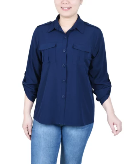 Petite 3/4 Sleeve Roll Tab Utility Blouse - Sky Diver