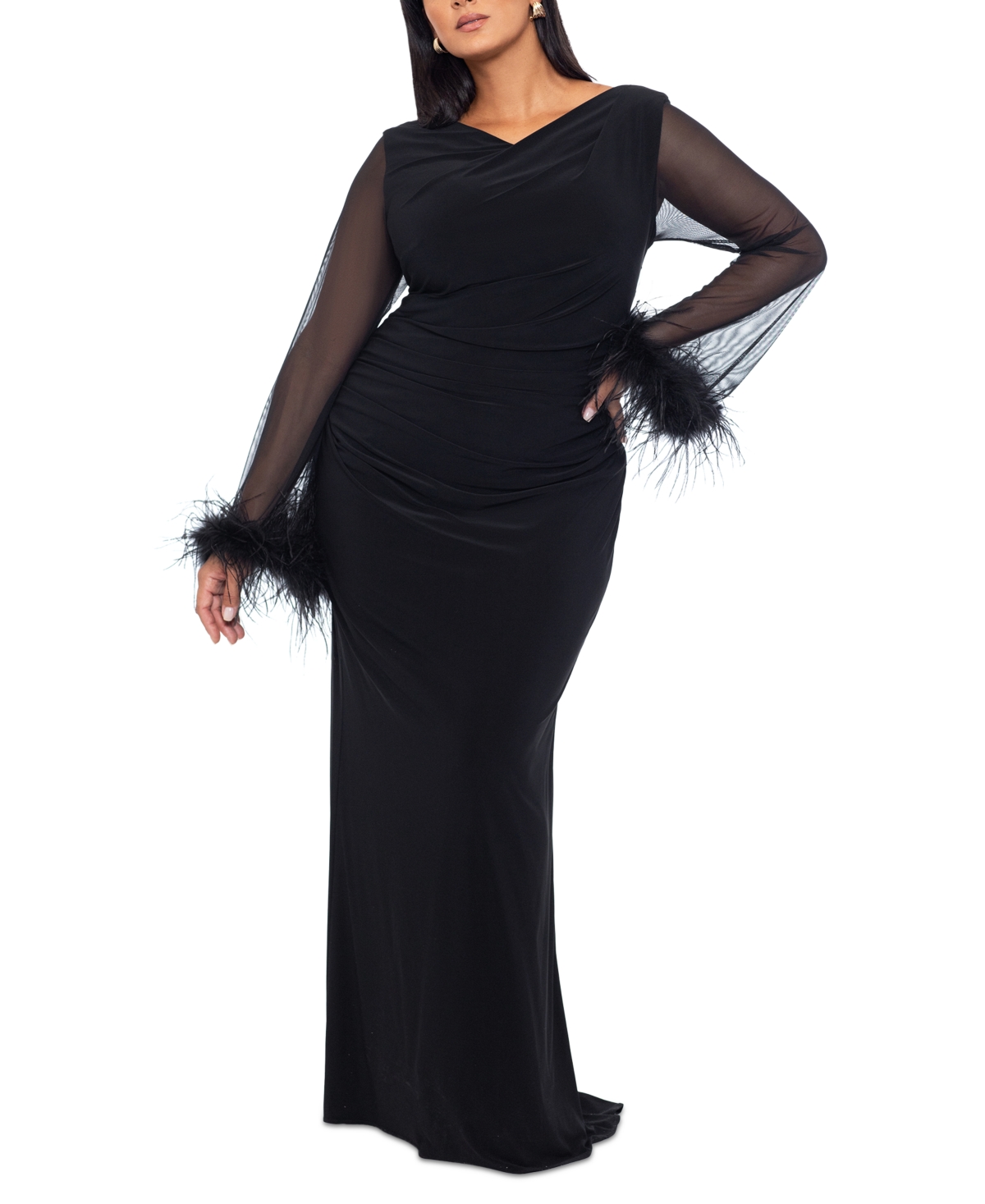 Plus Size Retro Dresses 50s, 60s ,70s, 80s, 90s Betsy  Adam Plus Size Feather-Cuff Sheath Gown - Black $299.00 AT vintagedancer.com