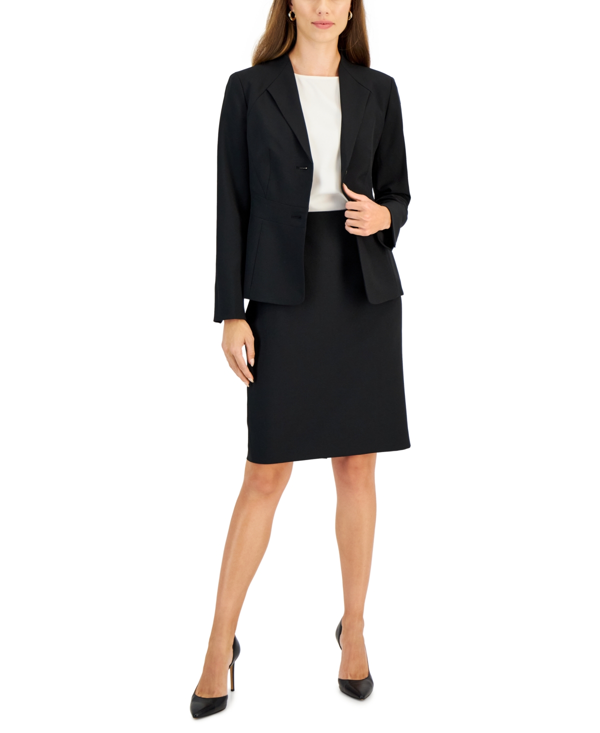 Petite Two-Button Jacket & Pencil Skirt Suit - Charcoal