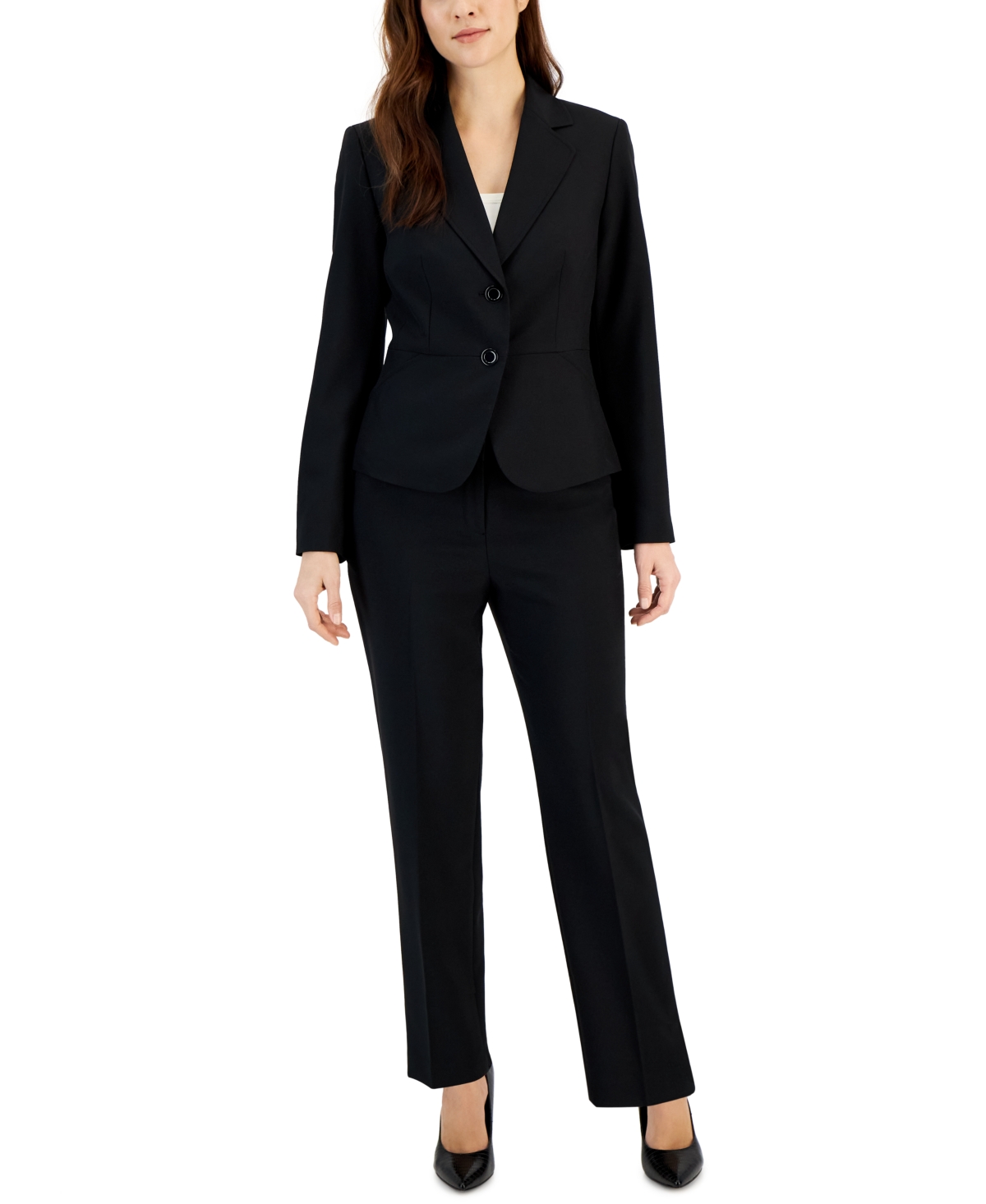 Women's Two-Button Blazer & Pants Suit, Regular & Petite - Black