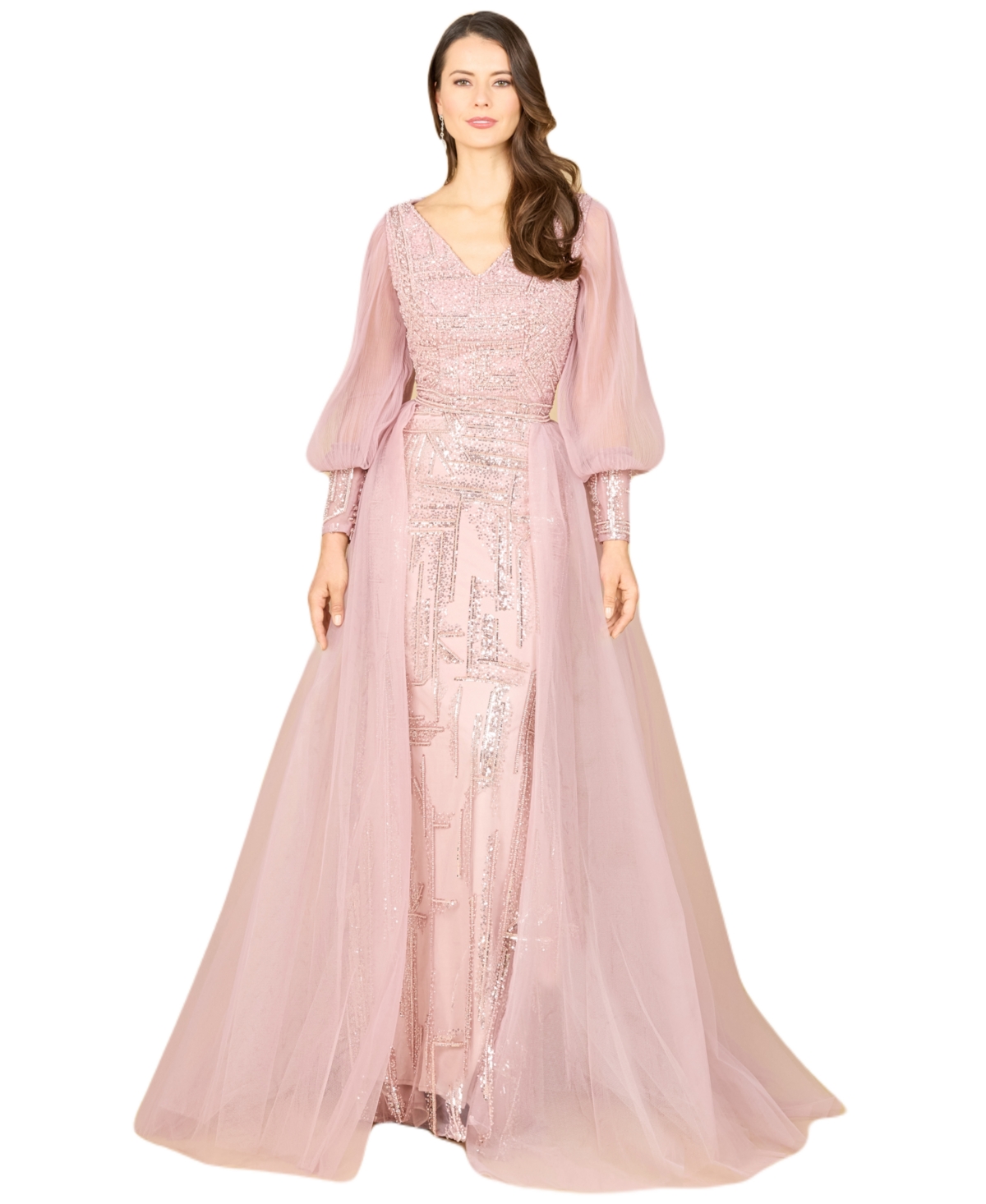 Women's Long Sleeve Lace Gown with Removable Over Skirt - Mauve