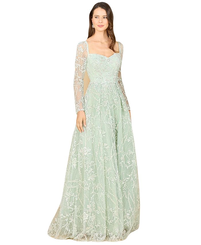 Long Sleeve Beaded Lace Gown